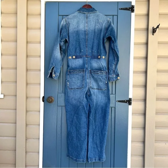 Free People Blue Denim Jumpsuit with paint splash Women Size Small - Picture 2 of 9